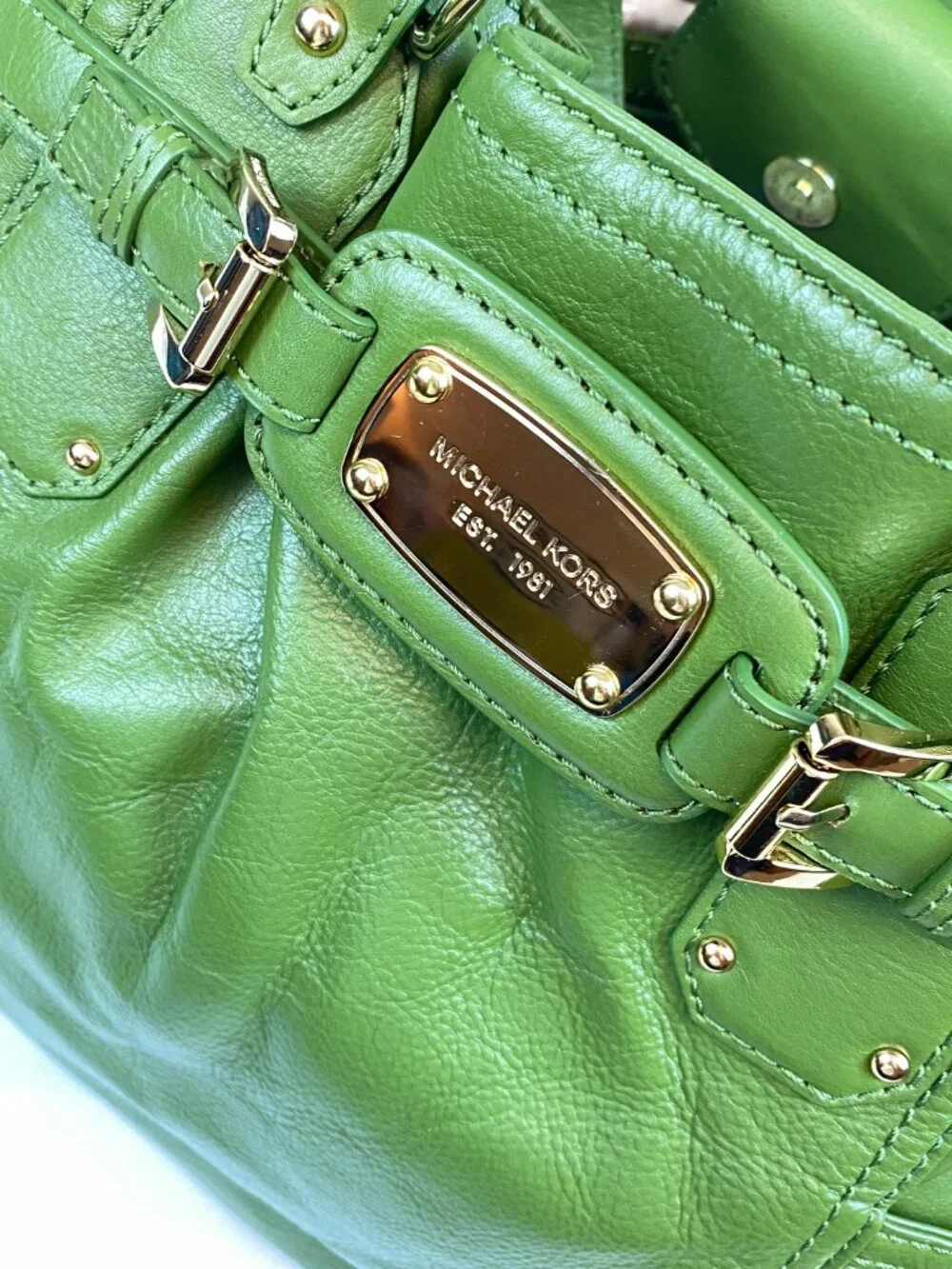 Michael Kors Hamilton Green Leather Satchel | Buckle Top Handle | 💚Brenna - Picture 11 of 13